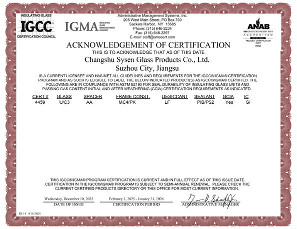 Κίνα Changshu Sysen glass products Co. Ltd. Πιστοποιήσεις